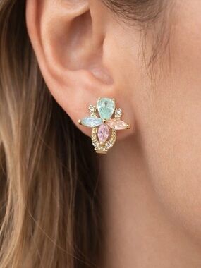 Gold Plated Pastel Gemstone Flower Earrings Colorful Cluster Statement Studs